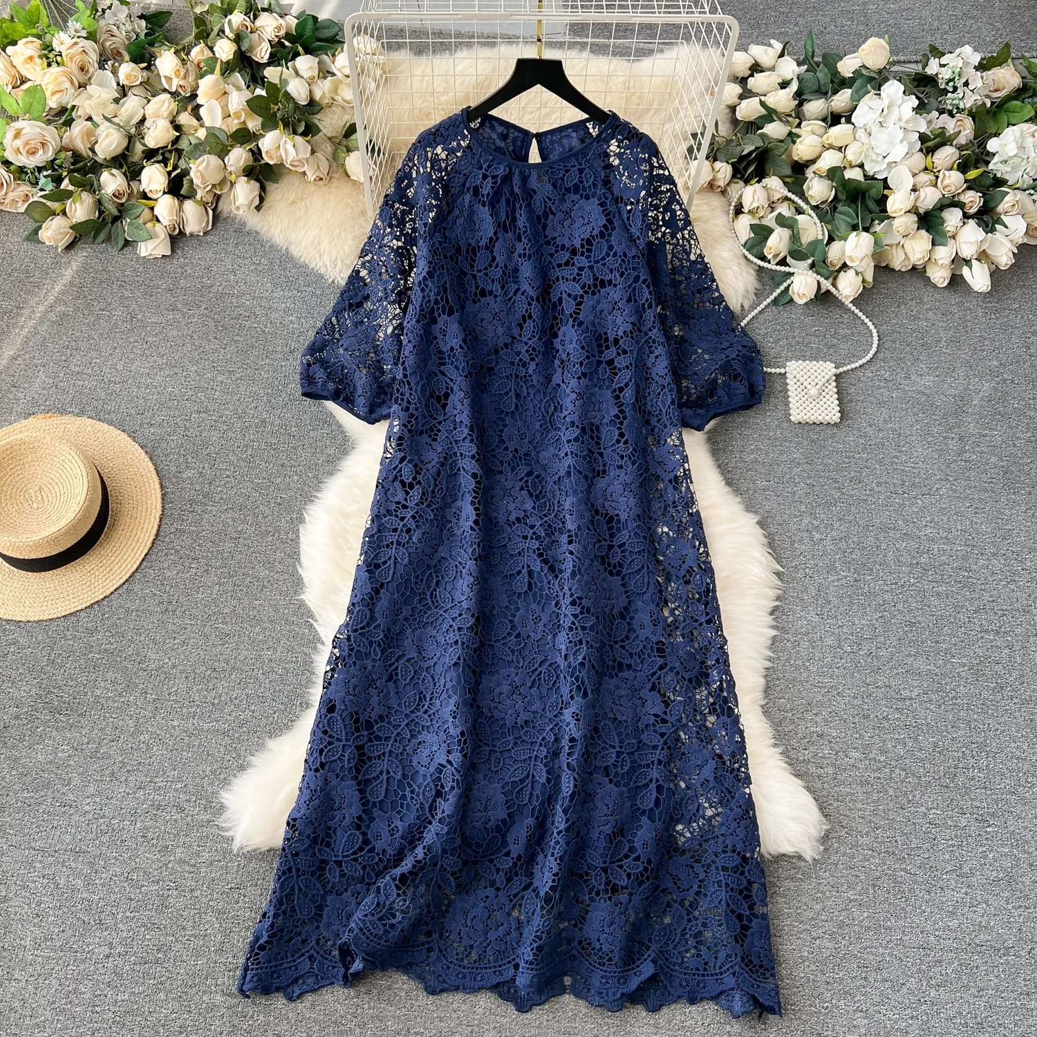 Clothland Women Sweet Solid Lace Dress Hollow Out Candy Color Three Quarter Sleeve One Piece Chic Midi Dresses Vestido QD791