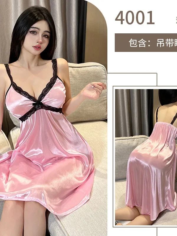 Camisón con tirantes para mujer de verano, sin espalda, puro deseo, ropa fina de satén, vestido elegante rosa dulce coreano para mujer