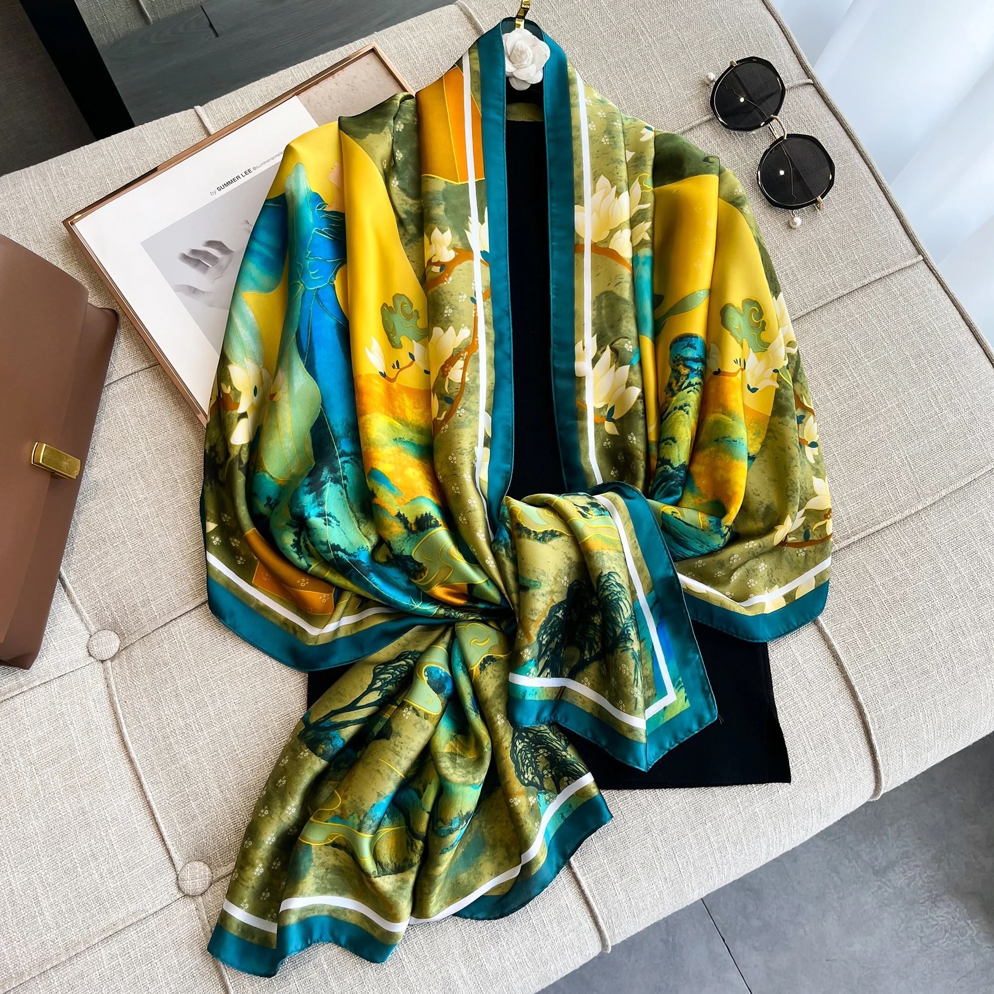 180X90CM Satin Shawls Autumn Colour Print Bandanna Luxury Silk Scarf Scarves Popular Sunscreen Beach Towel Foulard