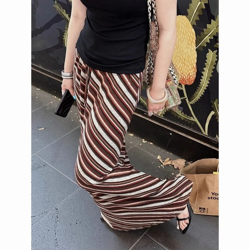 High Waist Striped Contrast Drawstring Trend A-line Skirt Summer New All-match Vintage Youth Skirts Casual Fashion Women Clothes