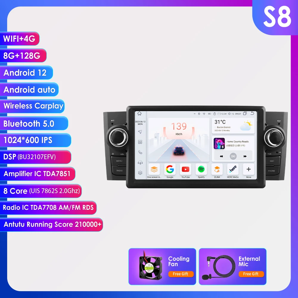 OSSURET 1Din 8G 128G Carplay Android 14 autoradio voor FIAT Grande Punto Linea 2007-2012 GPS multimediaspeler navigatie 7862