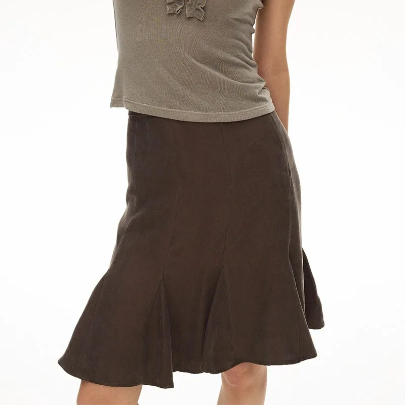 Women High Waist Flare Midi Skirt Solid Color Paneled Ruffled Hem Vintage Casual Mid Length Skirt