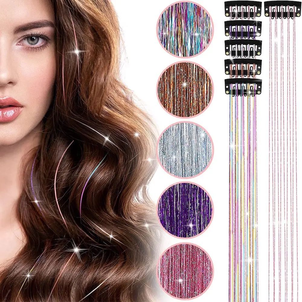 20 Inch Glitter Tinsel Hair Extensions with Clips In, 6Pcs/Set Synthetic Clip in Sparkle Fairy Hair Accessories for Women Kids