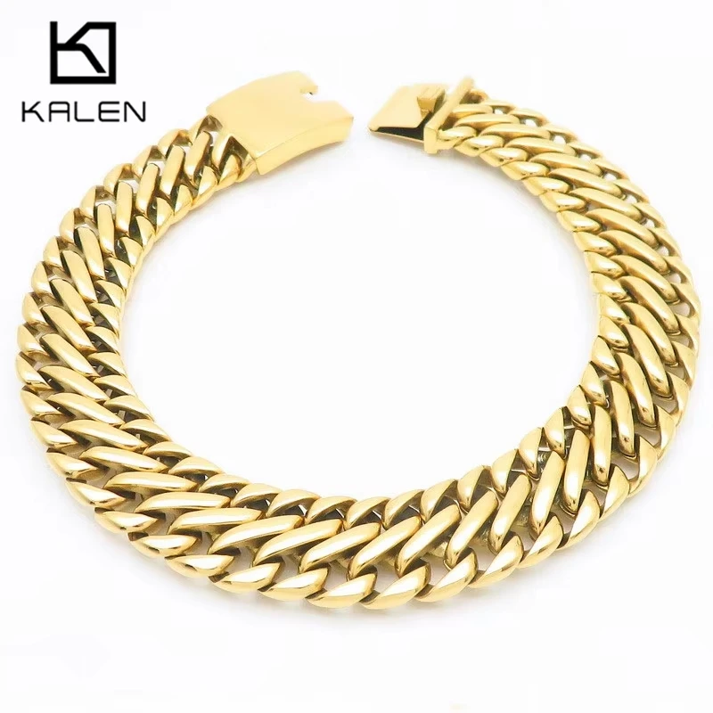 Kalen Chunky Stainless Steel Bracelet for Men Hip Hop Women‘s Choker Shiny Necklace Biker Party Jewelry Sets 23mm Trendy Gift