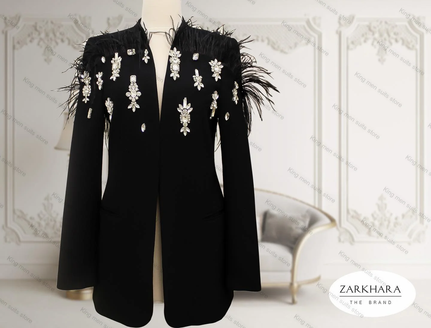 Luxury Wedding Women Suit Set Blazer+ Pants 2 Pieces Crystal Feather Coat Formal Black Prom Dress Custom Made Outfit