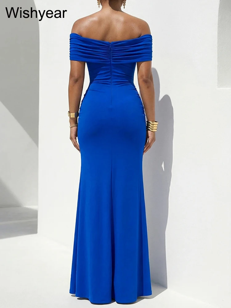 New Blue Off Shoulder Mermaid Maxi Dress for Women Ruched Bodycon Formal Evening Gown with High Slit Gold Flower Accent Perfect