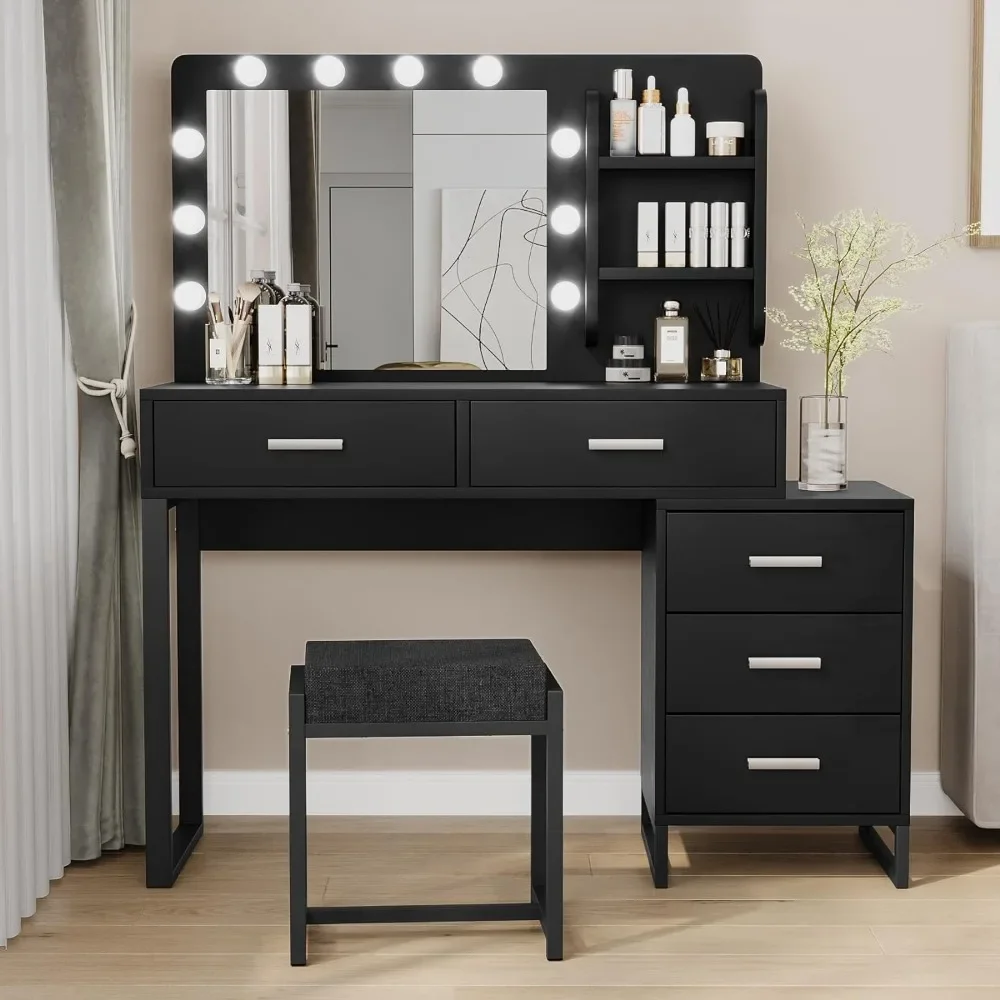 Vanity Mirror with Lights and Table Set,with Storage Shelves and Cushioned Stool 5 Drawers Large Capacity Dressing Table