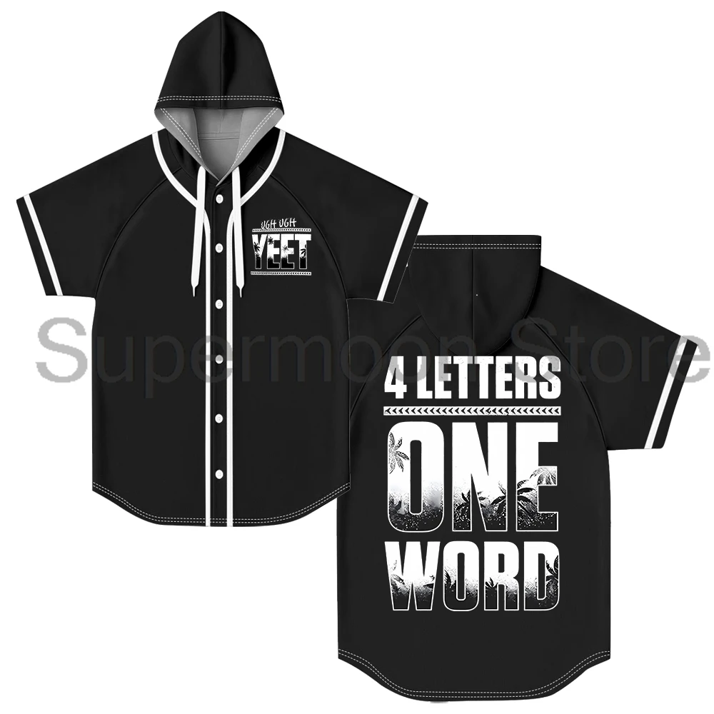 Jey Uso Four Letters One Word Yeet Hooded Baseball Jersey Short Sleeve Button-up Shirts Men Women Outdoor Streetwear Tops