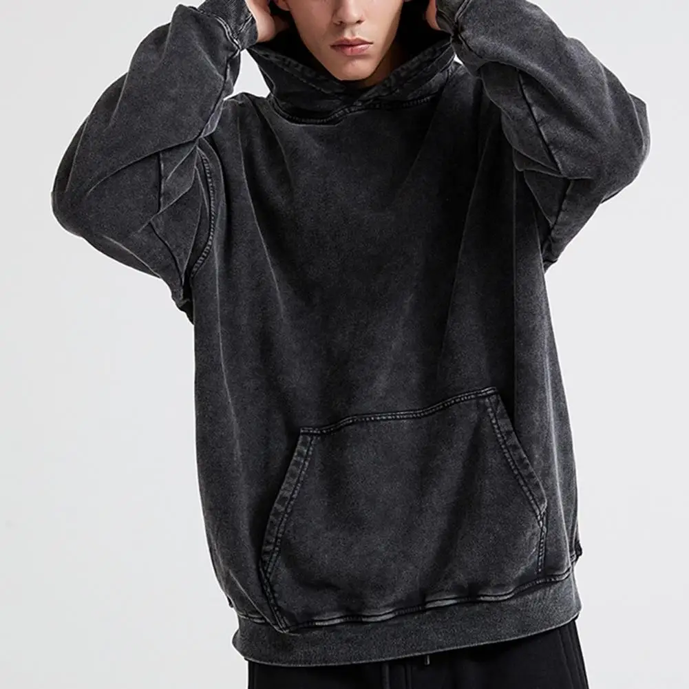 Hooded Hoodie Vintage Unisex Hop Streetwear Pullover Thick Loose Hoodie with Big Patch Pocket for Men Women Washed Craft Hoodie