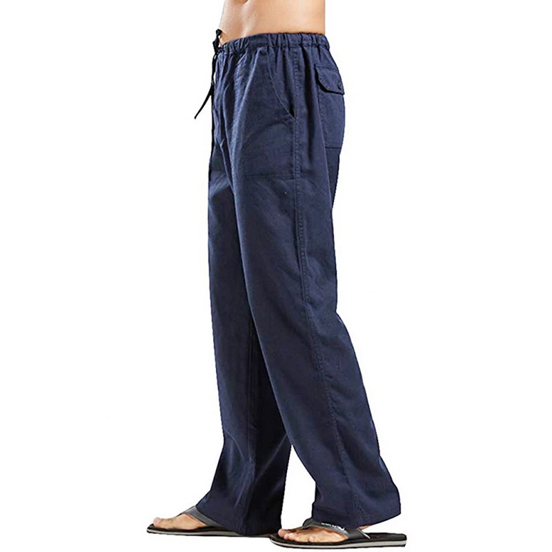 Korean Cotton Linen Sweatpants Casual Men\'S Wide Leg Pants Male Summer Breathable Solid Drawstring Jogger Yoga Baggy Trousers