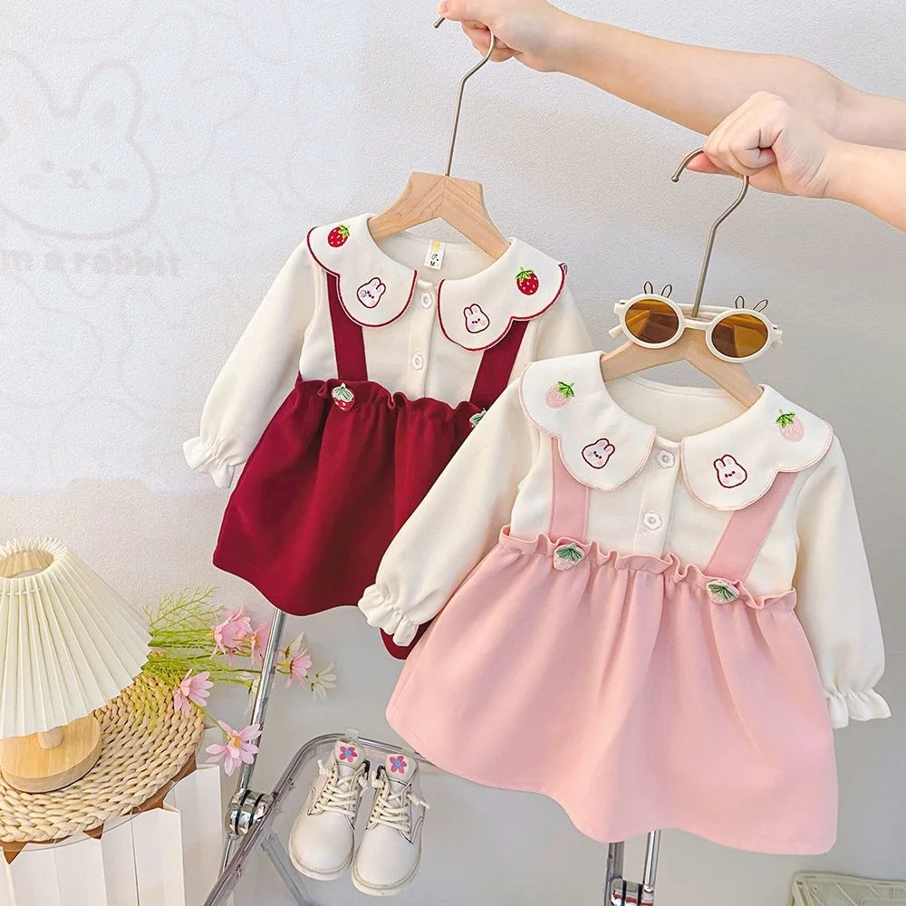 

Autumn Girls Playground Play Costume Cute Embroidered Doll Collar Long Sleeved Dress Toddler Girl Pink Dress