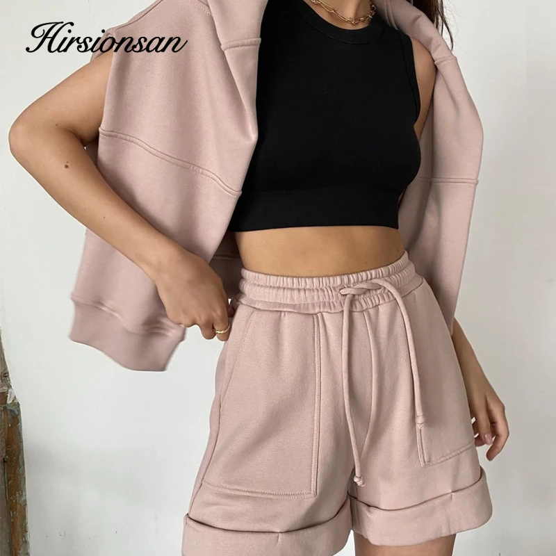 Hirsionsan Soft Cotton Sets Women 2023 New Casual Two Pieces Long Sleeve Sweatshirt & High Waist Shorts Solid Outfits Tracksuit