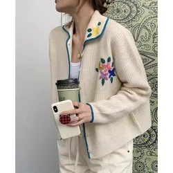 Women Wool Floral Embroidered·Lapel-collar Vintage Cardigan 2023 Korean Dongdaemun Autumn/Winter New in Classic Retro Knit Top