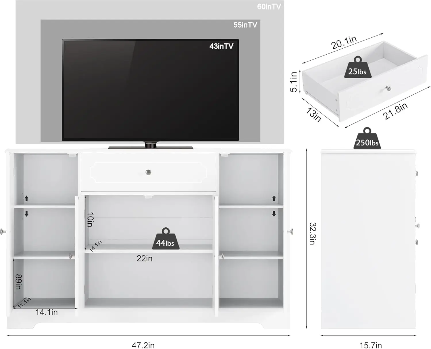 Современный белый буфет с ящиком и дверцами, большой шкаф для хранения вещей 47,2 дюйма с регулируемыми полками для кухни, Di