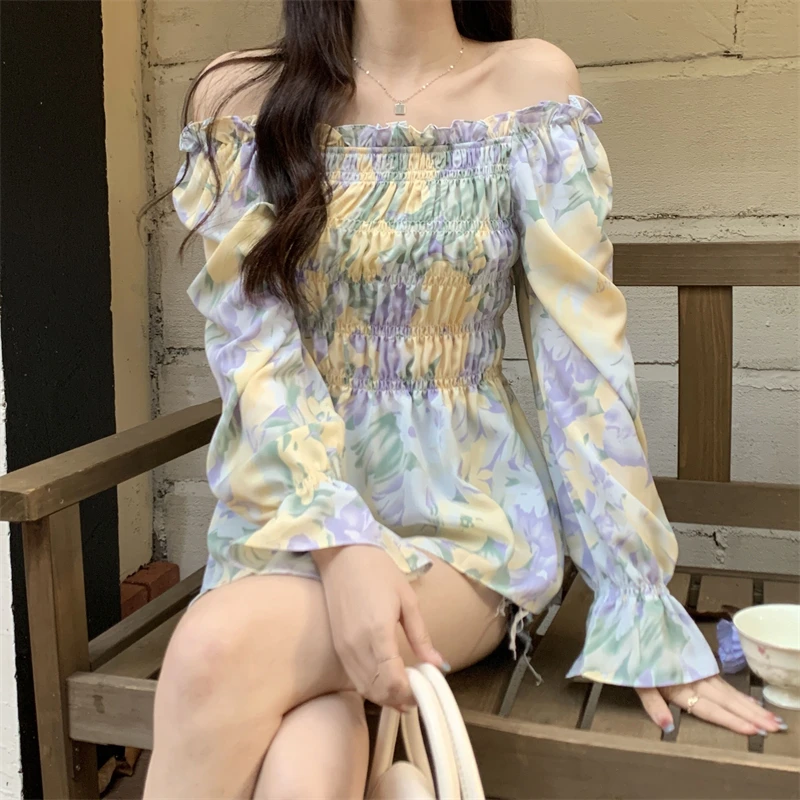

Plus Size Women's Off-Shoulder Floral Print Spring Summer Fashion Loose Stylish Ruffle Blouse