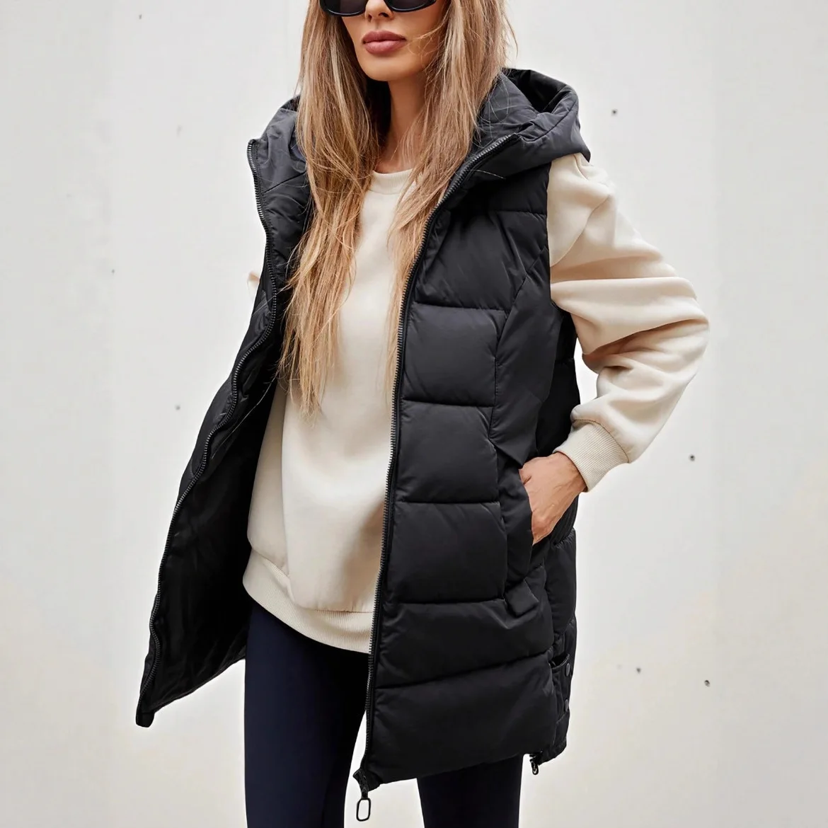 

2025 Clothing Solid Color Hooded Long Cotton Vest Zipper Sleeveless Jacket Cotton Coat