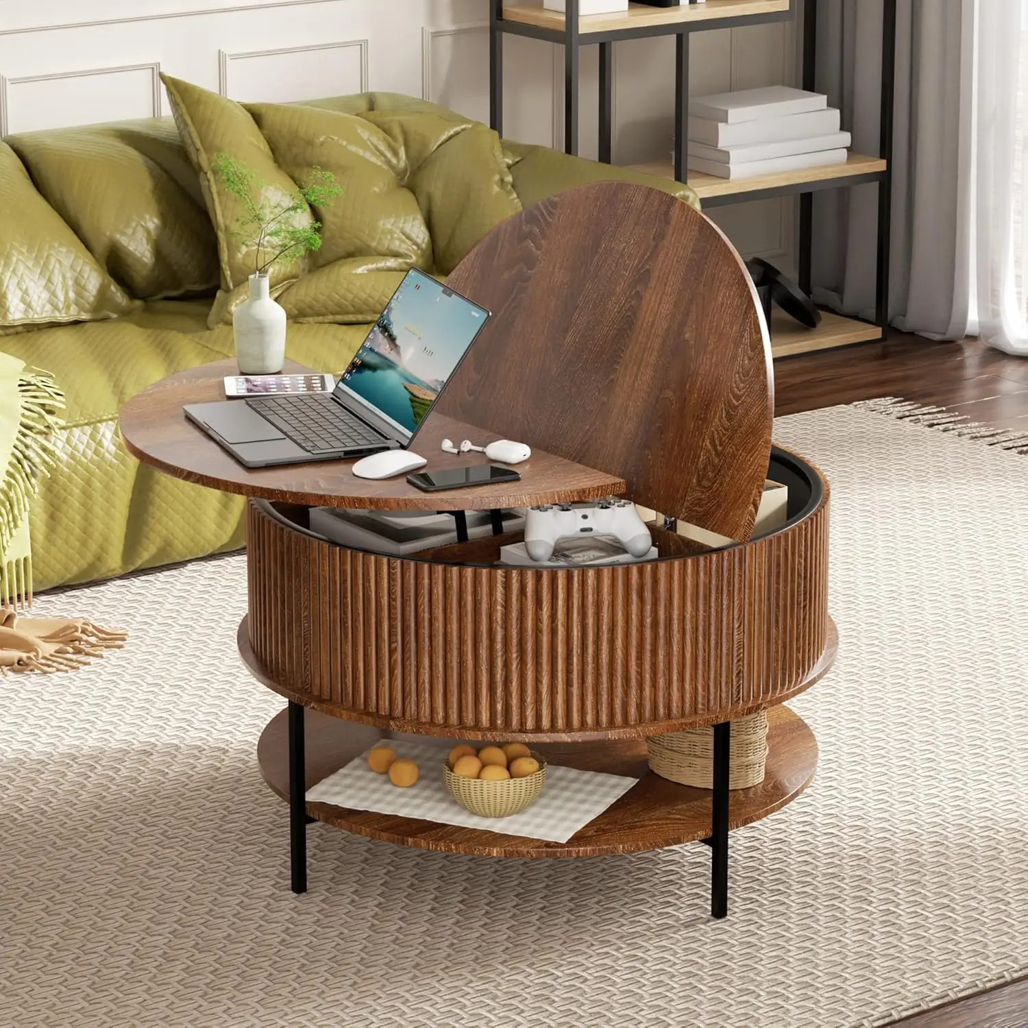 

Round Coffee Table with Storage and Lift Top, Wood Circle Fluted Coffee Tables, Center Table for Living Room Home Office, Requir