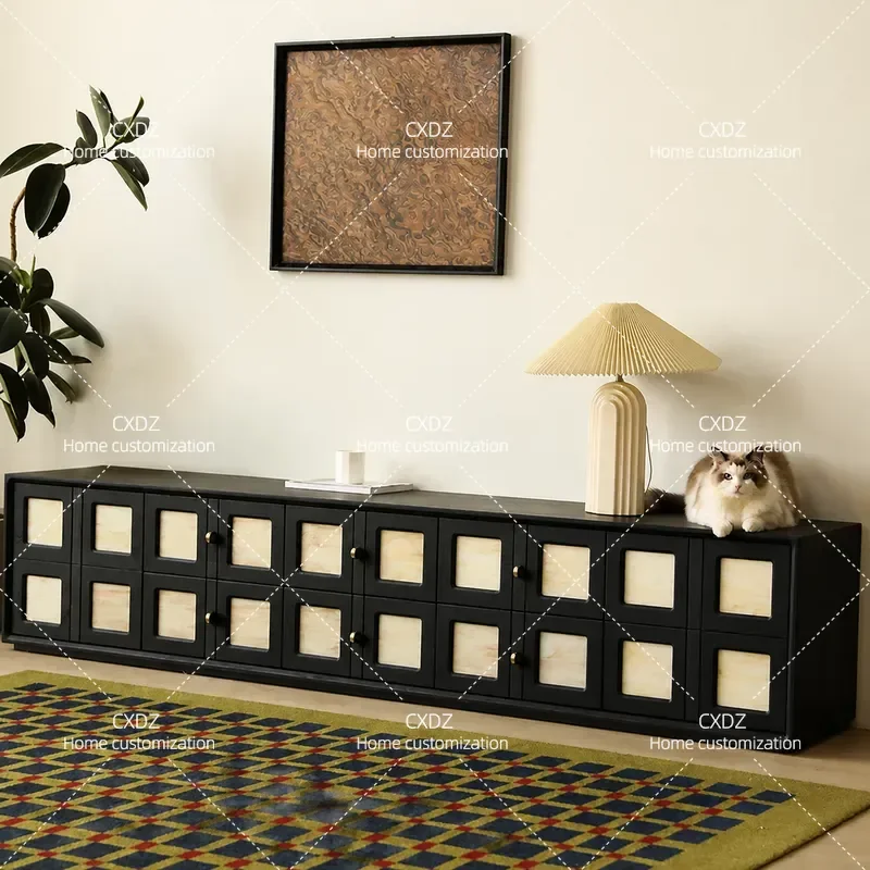 American Retro TV Cabinet and Coffee Table Combo Solid Wood Black Rectangular Low Console Creative Living Room Floor Storage