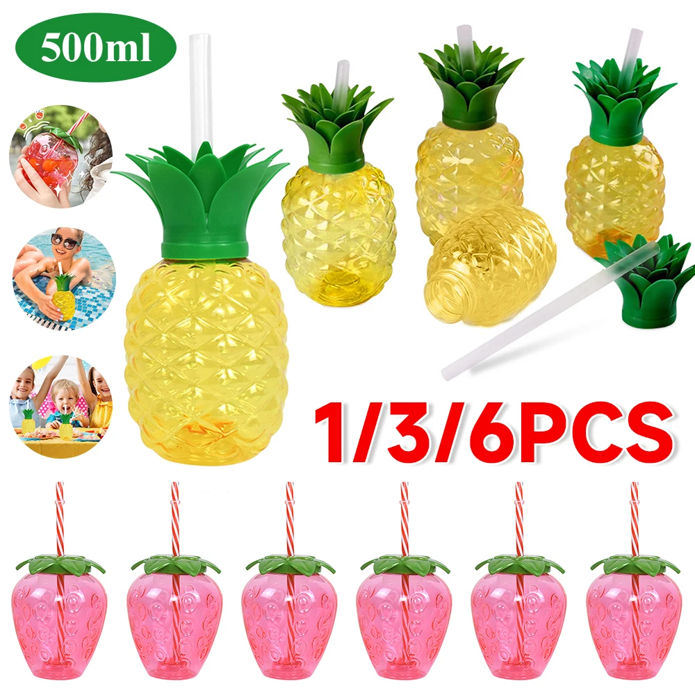 1/6PCS PET Pineapple Water Cup with Straw 500ML Strawberry Cup Hawaiian Summer Beach Drinking Cups Tropical Party Decorations