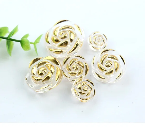 30pcs/lot Size:12.5-18mm Acrylic Transparent Rose Flower Button Gold Edge Handmade Craft Sewing Accessories (ss-68)