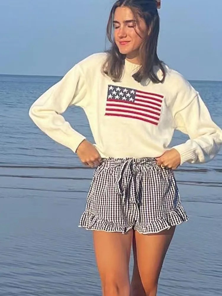 Sweater Aesthetics Long Sleeve Sweaters Oversize Pullover Tops Clothes Y2K Women Winter Vintage Ladies Luxury American Flag Knit