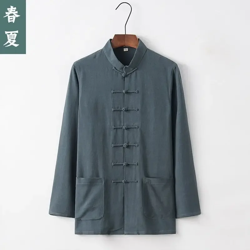 Camisa fina de manga larga para hombre, traje Tang de lino y algodón de bambú, informal, Vintage, estilo chino, Kung Fu, Tai Chi, camisa de té, primavera y verano