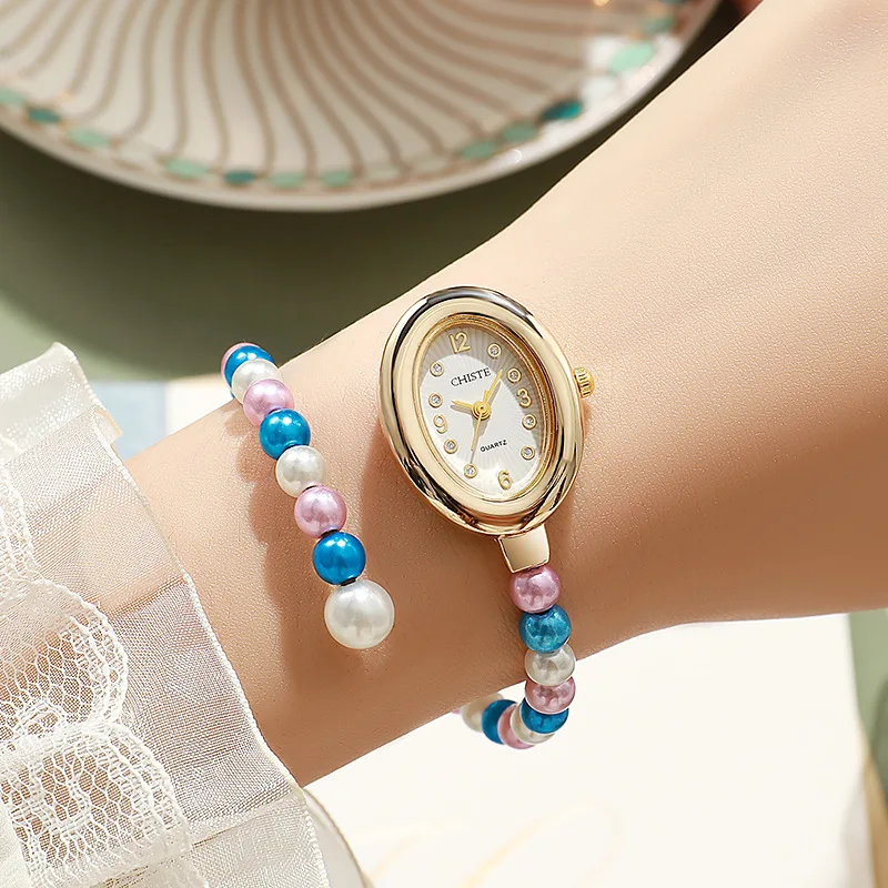 Fashion Open Bracelet Women Watches Rainbow Pearl Strap Elegant Oval Small Dial Quartz Watch Luxury Wristwatch Ladies Gifts