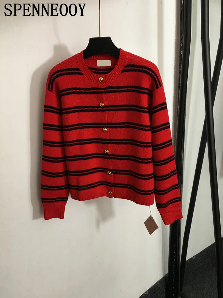 SPENNEOOY Fashion Runway Autumn Winter Red Vintage Striped Knitting Cardigan Women\'s O-Neck Loose Long Sleeve Casual Sweaters