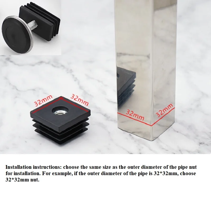 Black Square Plastic Furniture Leg Plugs (15mm-50mm) - with Nut, End Caps & Leveling Feet