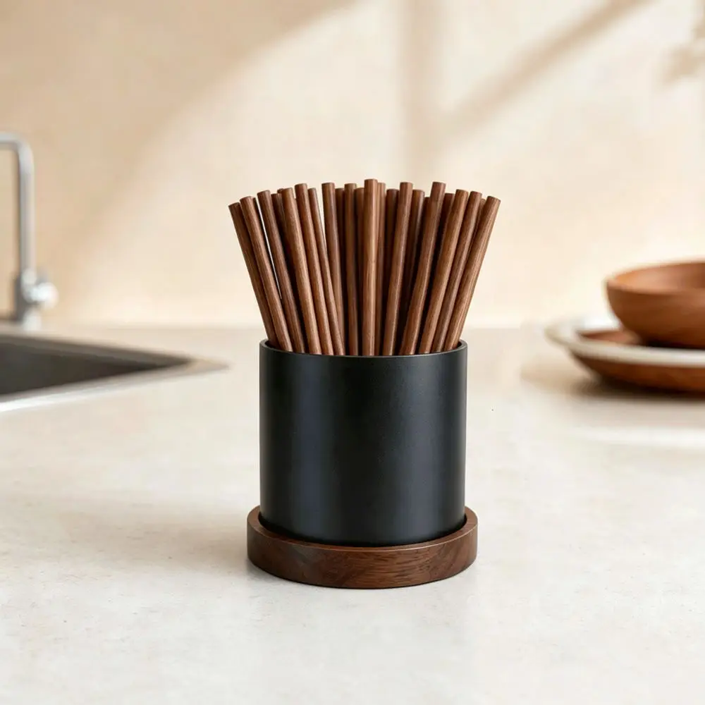 Space Aluminum Ebony Wood Cutlery Holder Kitchen Organizer Drainer Stand For Tableware Spoon Fork Chopsticks Box