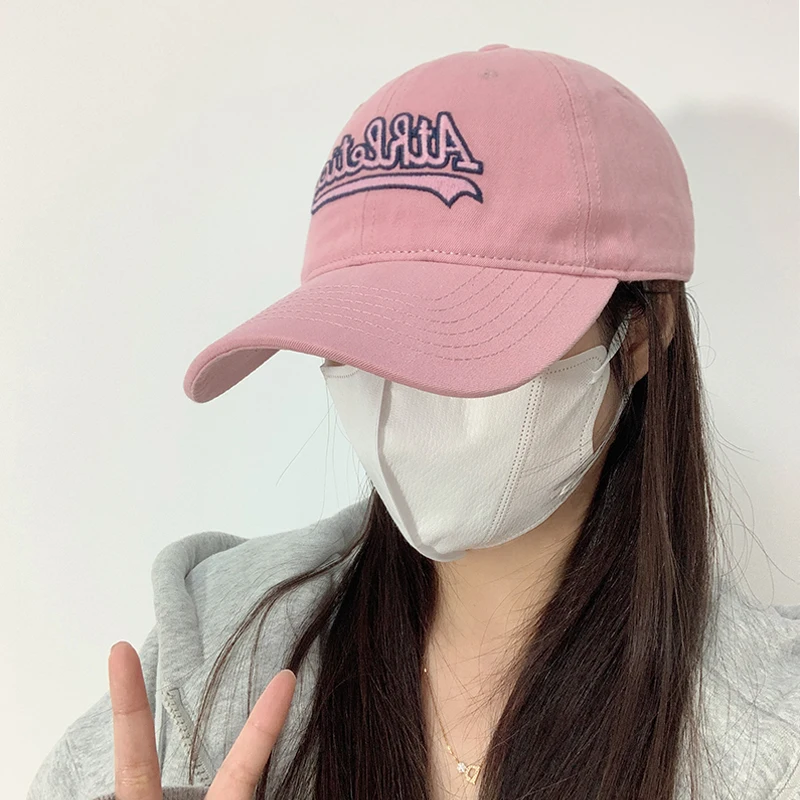 

Pink Baseball Cap Women's Letters Washed Old Soft Top Casual All-Match Big Head Circumference Face-Looking Small Peaked Cap