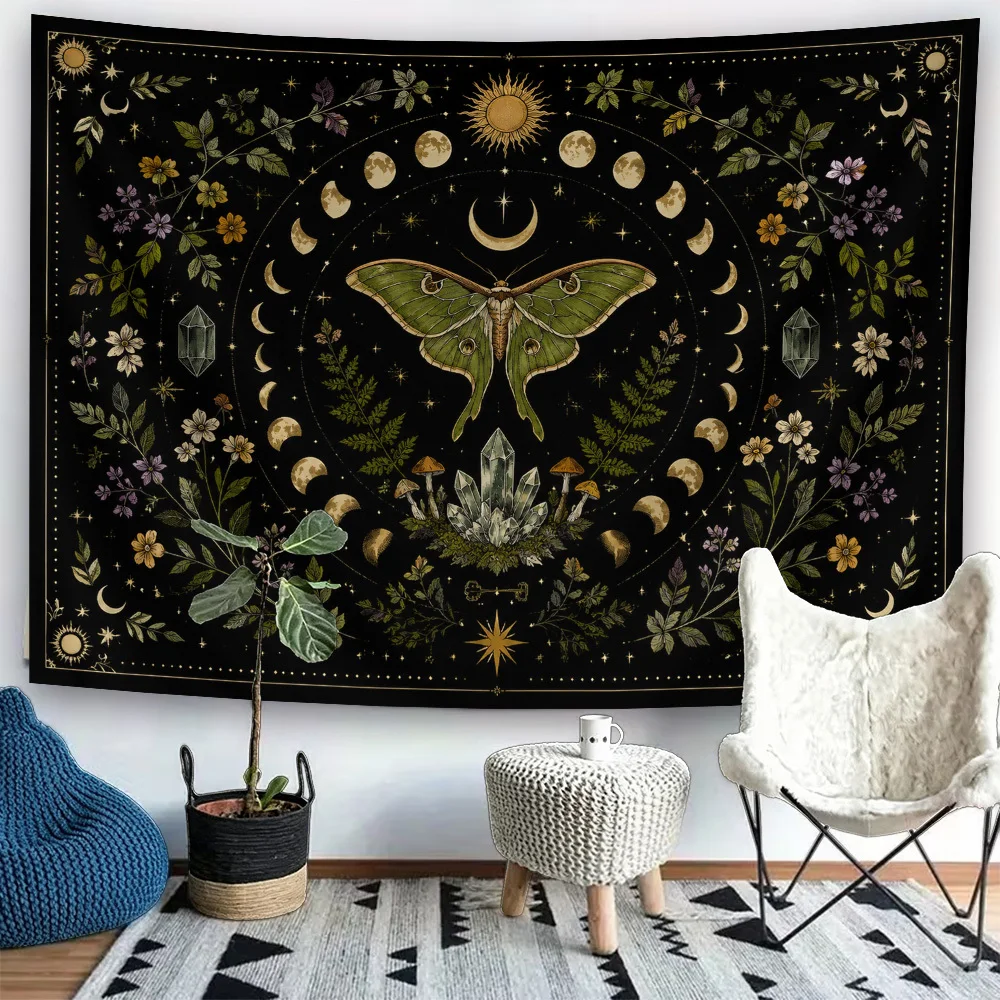 Bohemian Witchy Celestial Moon Moth Tapestry Wall Hanging Boho Gothic Floral Cosmic Decor Aesthetic Botanical Forest Mythical Ar