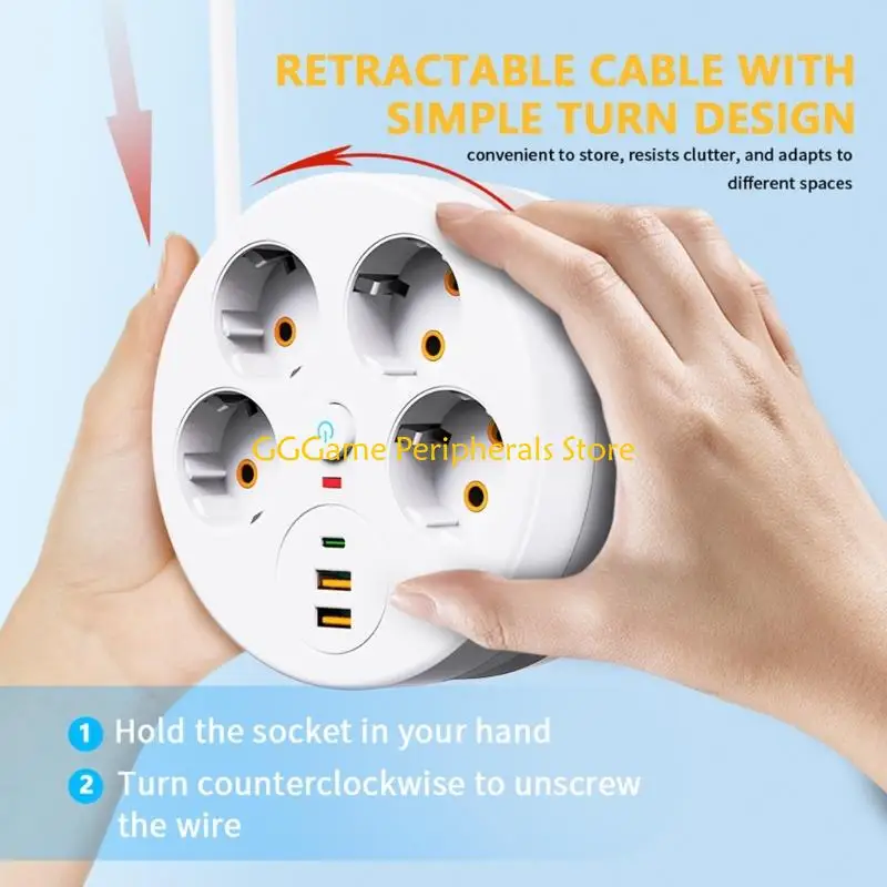 U55B 220V Retractile Extension Cord USB Charging Station 2500W Plastic Texture