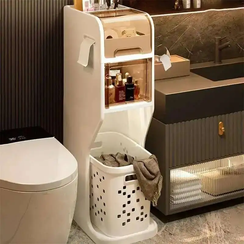

Bathroom Gap Storage Cabinet Toilet Movable Storage Rack with Drawer Bathroom cabinet Floor Shelve with Dirty Clothes Basket Z