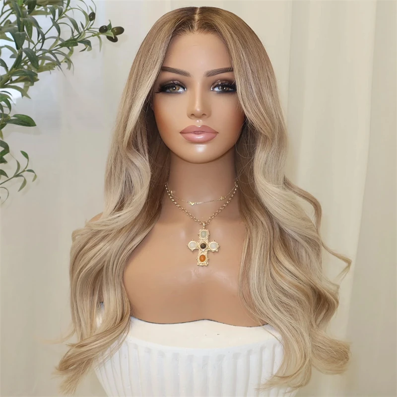 Glueless Ombre Creamy Blonde Brown Synthetic Lace Front Wig with Roots Original Factory Cheap Wigs Natural Preplucked Hairline