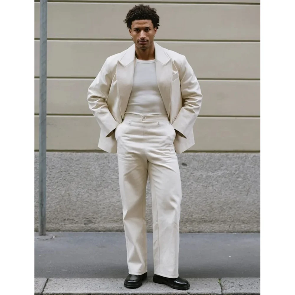 White Loose Men Suit Two Pieces(Jacket+Pants) Lapel Outfits Chic Casual Party Prom Wedding Set