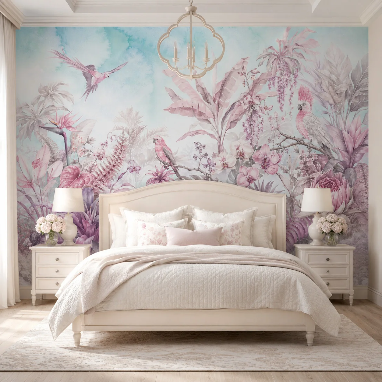 Custom Pink Tropical Bird Wallpaper Mural Pastel Botanical Floral Parrot Wall Decor Non Self Adhesive Living Room Bedroom