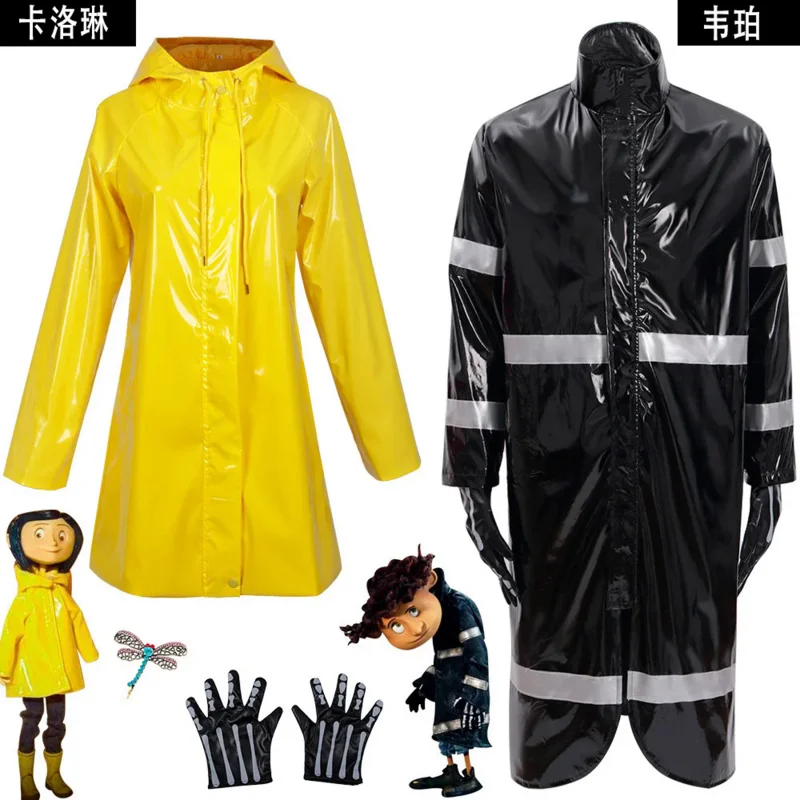 

Halloween Anime Cartoon Movie Coraline & the Secret By Cosplay Costume Coraline Wybie Lovat COS Coat Jacket Yellow Raincoat