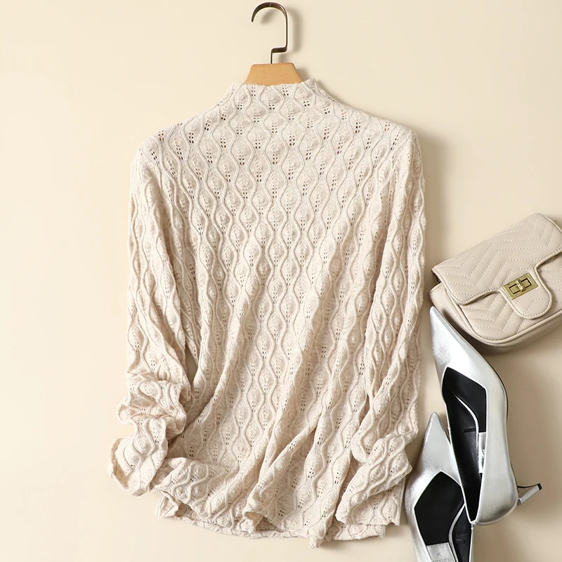 

Mock Neck Hollow Out Knitted Women Sweater Pullovers Autumn New Female Pulls Outwear Top Quality