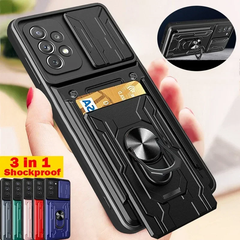 Case For Xiaomi 13T 12T Pro Redmi Note 13 12 11 Pro Plus Poco X6 X5 Pro Slide Stand Ring Camera Military Grade Card Slot Cover