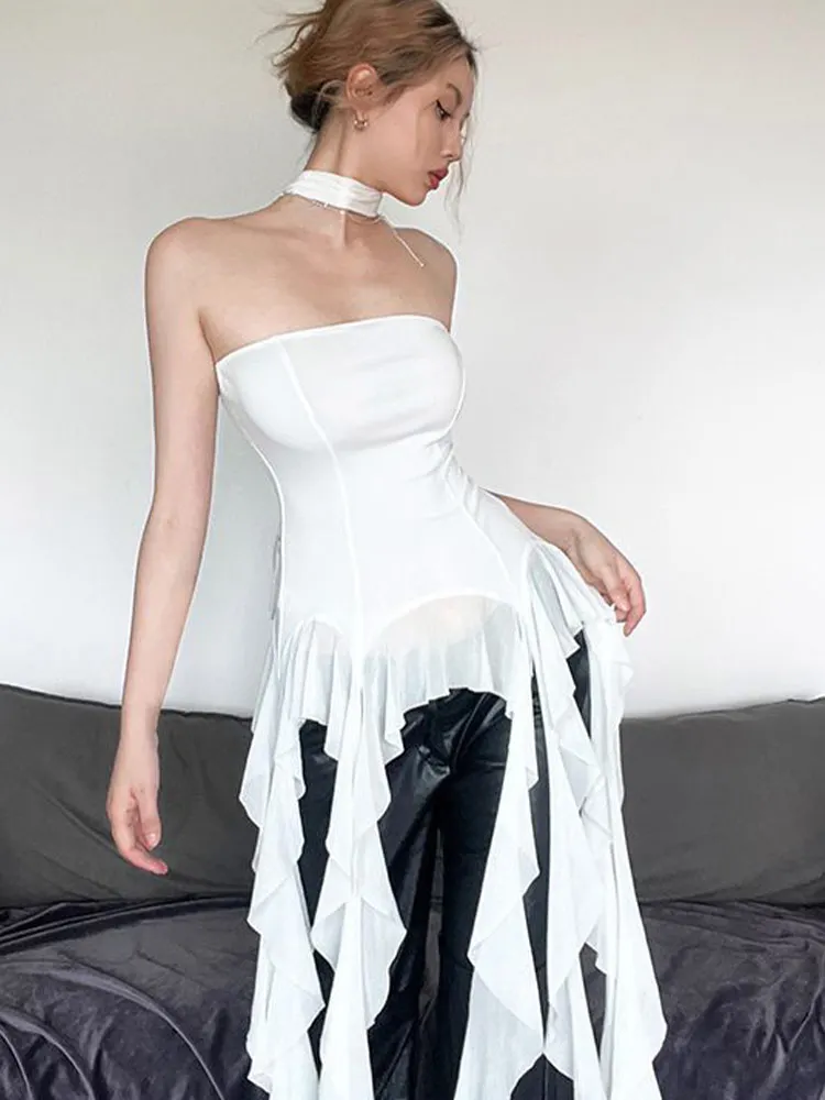 Spicy girl with lotus leaf edge ribbon, slimming and slimming, strapless irregular top