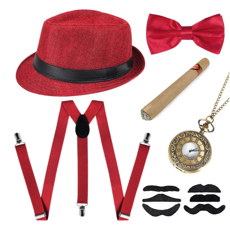 Peaky Blinders Costume Accessories Set 30s Manhattan Gangster Beret Y-Back Suspender pocket watch 1920s Men Gatsby Costume Beard