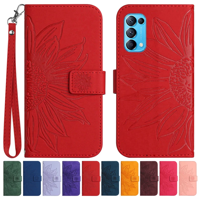 

Sun Flower Flip Cover Case on For OPPO Reno 5 6 4 3 2 Z 2F Reno5 Lite Reno6 Pro 5G Reno4 Z F Leather Cases Pattern Phone Shell