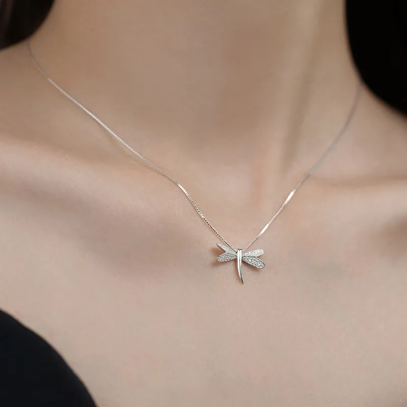 925 Sterling Silver Necklace Rose Gold Color Dragonfly Clear CZ Elegant for Women Girl Jewelry Gift Dropshipping Wholesale