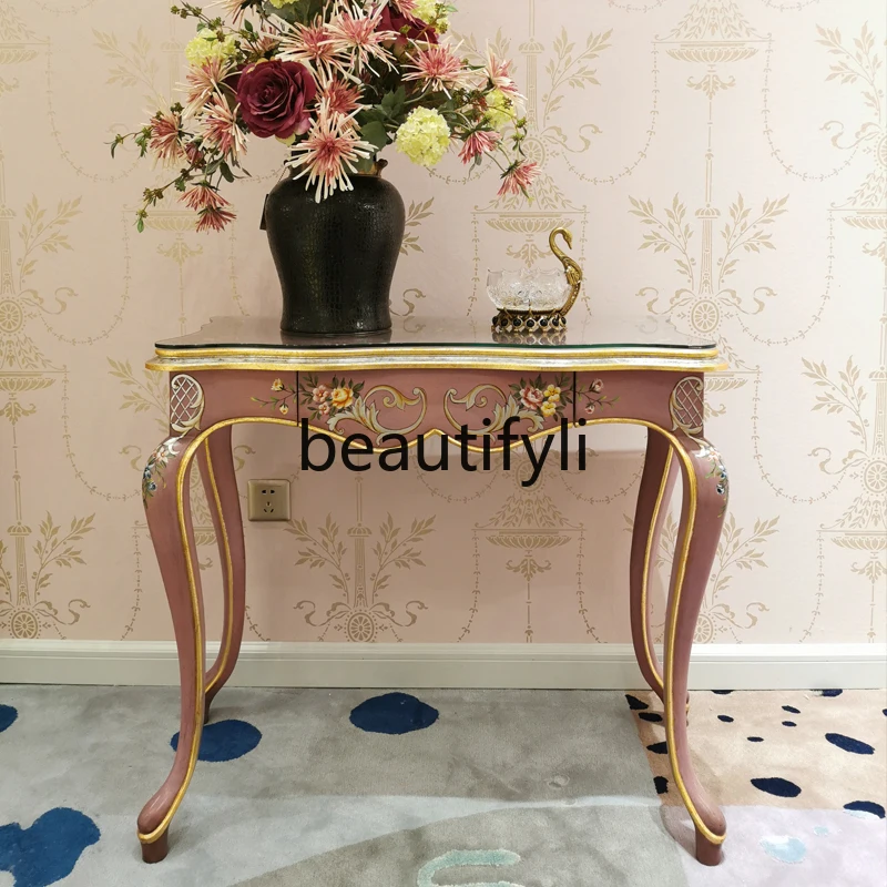 

French hand-painted flower solid wood writing desk rose red pink study desk