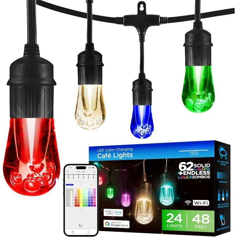 

Premium Smart Color Changing String Lights, 48ft Black Cord, 24 Shatterproof Acrylic Bulbs, Weatherproof, Customizable