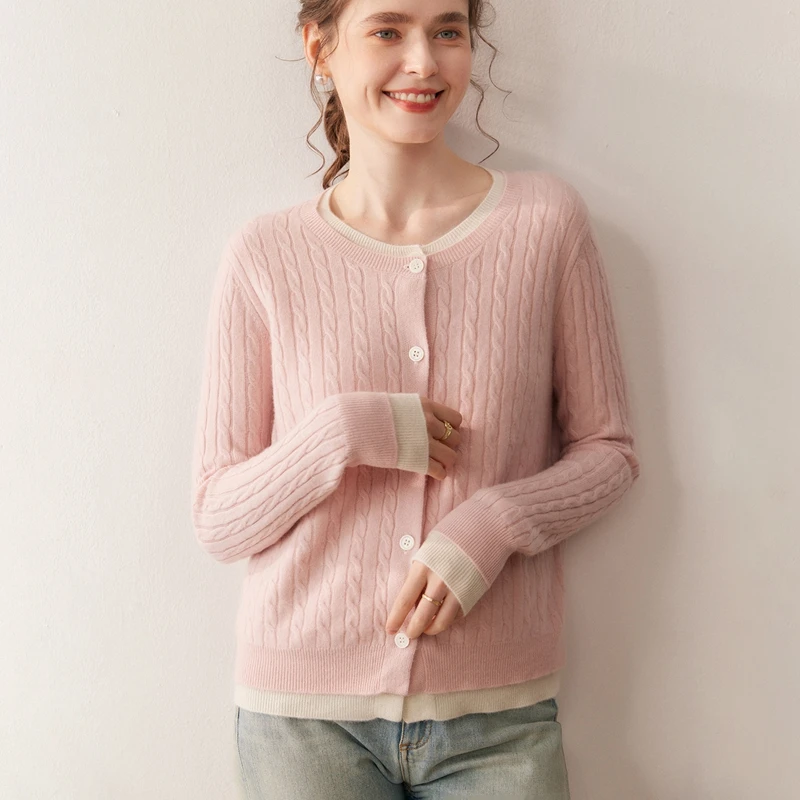 Suéter de cachemira para mujer, cárdigan, Otoño Invierno, 100% de punto de Cachemira, artículo esencial, ropa falsa de dos piezas con cuello redondo, Top