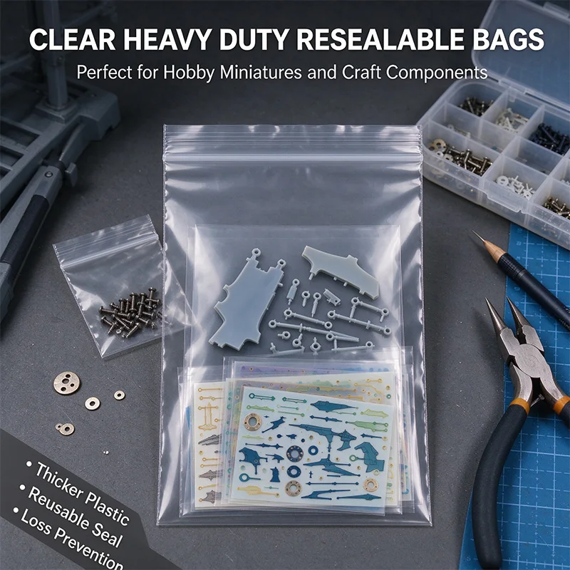 Thick Resealable Clear Self-Sealing Zip Pouches for Hobby Model Building Kit Parts Small Hardware Jewelry Water Slide Decals