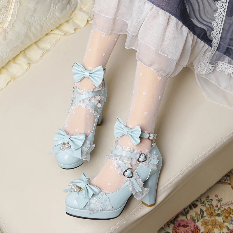 Summer 2022 Ladies Heels Platform Cute Bow Lace Princess Mary Jane Lolita Shoes Party High Heel Buckle Women Pumps Girls Sweet 8