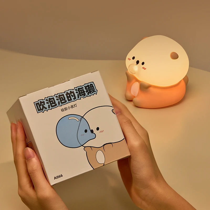 Bonito soprando bolhas lontra do mar silicone luz da noite quarto cabeceira recarregável led candeeiro de mesa cronometragem para crianças presente aniversário